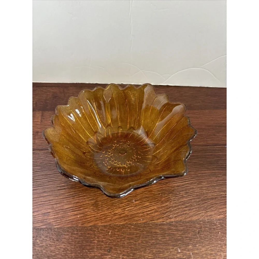 Vintage Indiana Amber Glass Lily Pons Sunflower Bowl Candy Dish 7